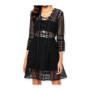 SELF-PORTRAIT Lace Up Black A Line Guipure Lace Dress, size 0
